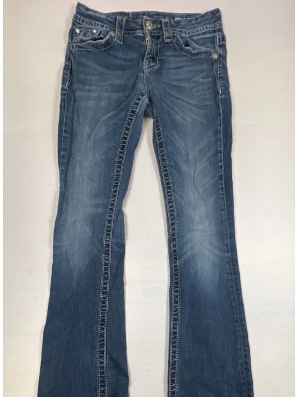 Miss Me Women's 27 Blue Denim ME8045BL Mid Rise Bootcut Embellished Jeans 33